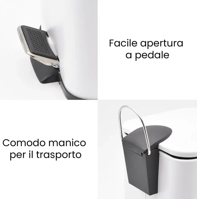 Pattumiera bagno 3lt in acciaio bianco con apertura a pedale e cesto estraibile