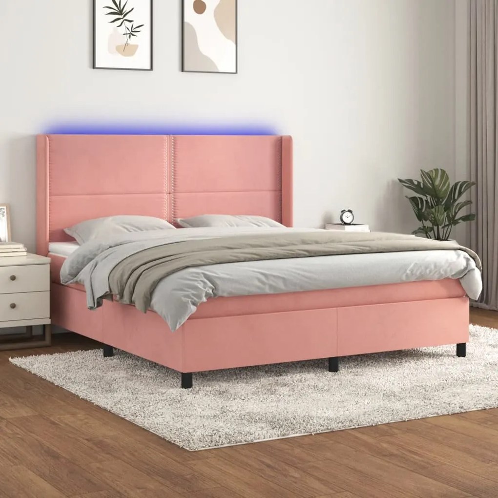 Letto A Molle Con Materasso E Led Rosa 160x200 Cm İn Velluto /