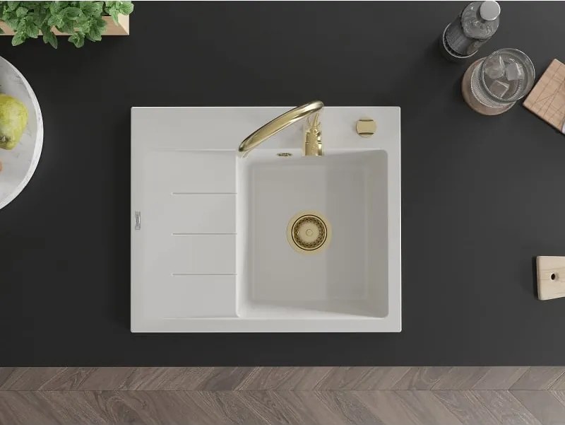Mexen Ben lavello in granito a una vasca con scolapiatti, destro 600 x 500 mm, bianco, sifone dorato - 6523605000-20-G