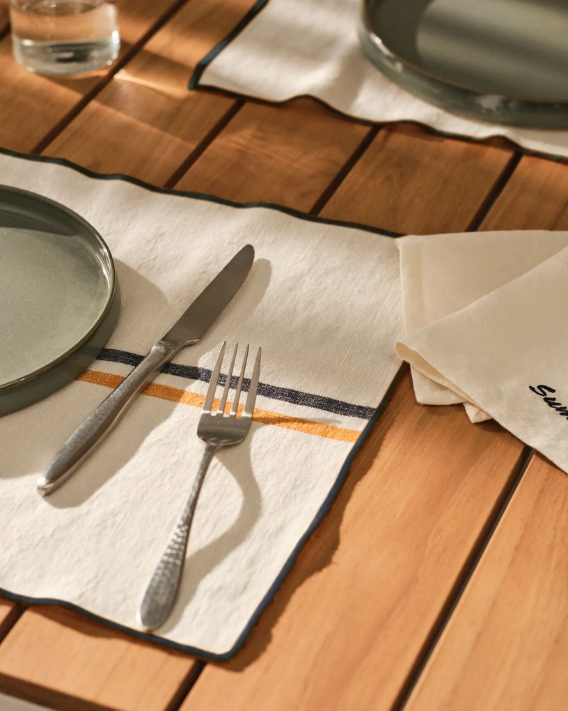Kave Home - Set Vallcanera di 2 tovagliette in cotone e lino e riga senape e blu 35 x 50 cm