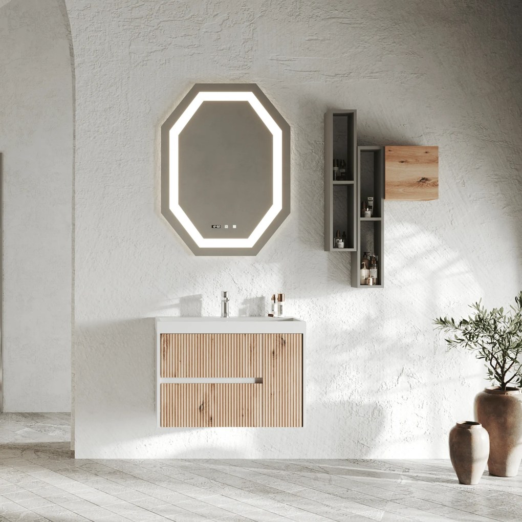 Mobile Bagno Sospeso 80 Cm Due Cassetti Un'Anta Specchio Con Illuminazione Led 75x100 Cm "Portofino"