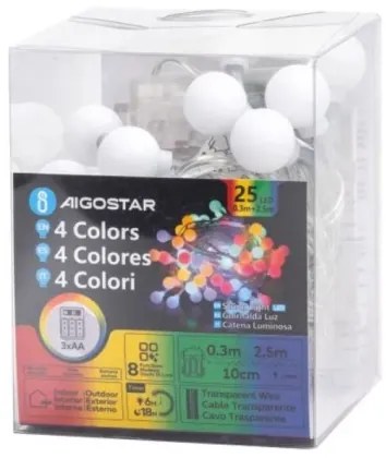 Aigostar - Catena luminosa LED per esterni 25xLED/3xAA/8 funzioni 2,8 m IP44 multicolore