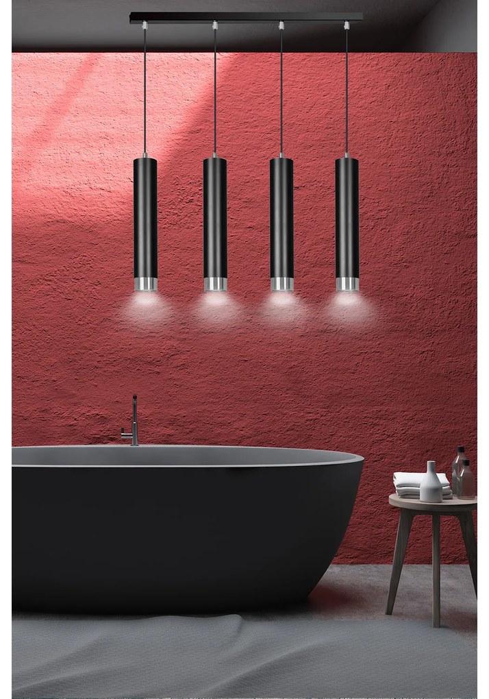Lampadario 4 Luci Brunilde In Acciaio Nero E Tubolari In Nero E Cromo
