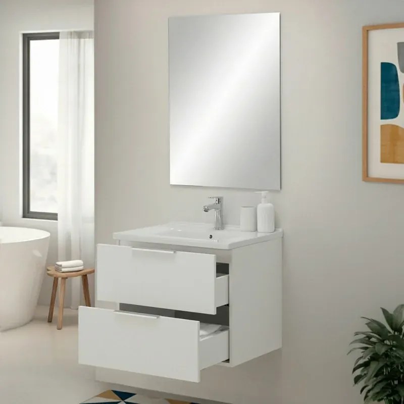 Mobile bagno sospeso 60cm bianco opaco con cassetti lavabo e specchio Elva
