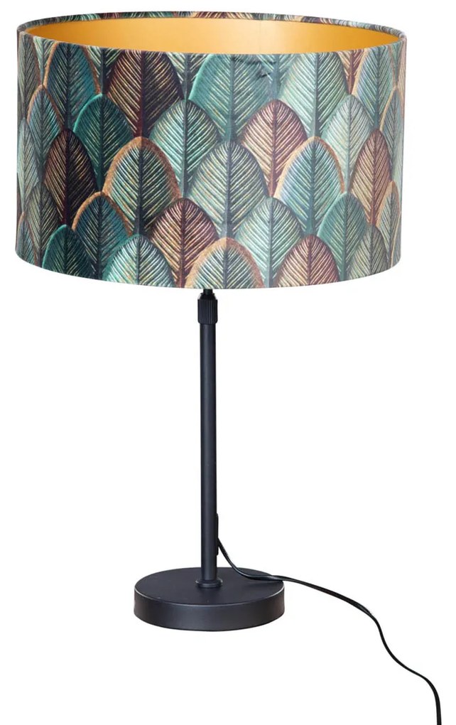 Lampada da Tavolo Nera con Paralume in Velluto, Motivo Foglie e Interno Oro - Parte