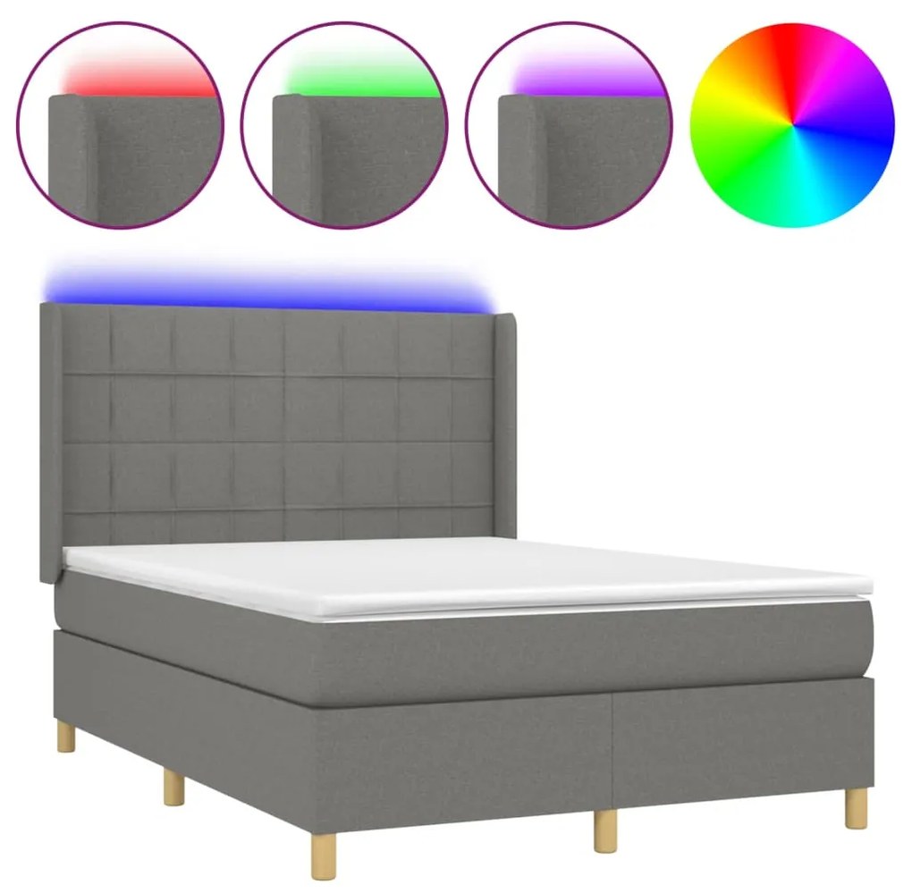 Letto a molle materasso e led grigio scuro 140x200cm in tessuto