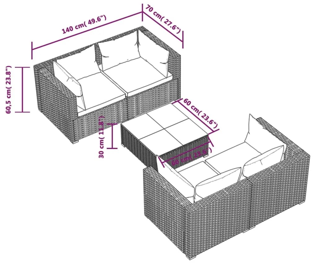 Set Divani da Giardino 5 pz con Cuscini in Polyrattan Grigio