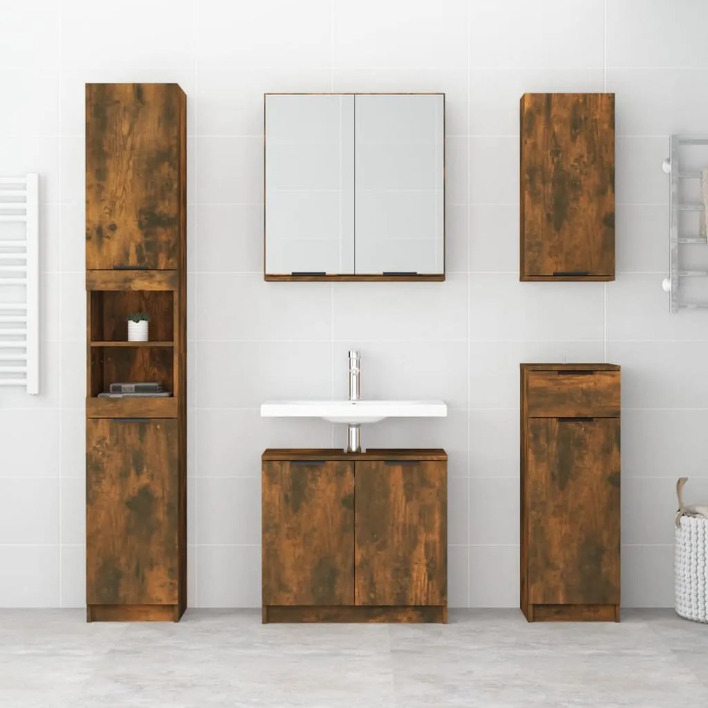 Set mobili da bagno 5 pz rovere fumo in legno multistrato