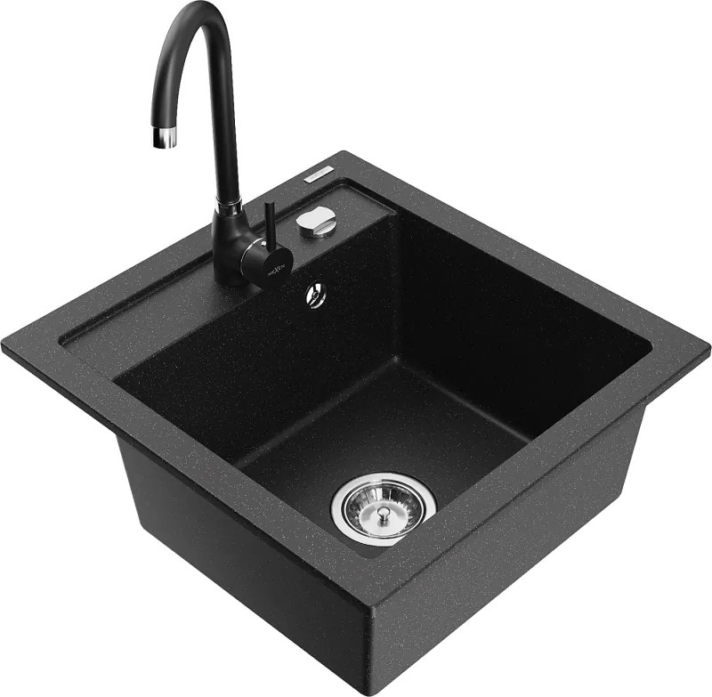 Mexen Vito lavello da cucina in granito a 1 vasca con miscelatore Telma, nero/argento metallizzato - 6503-73-670200-70