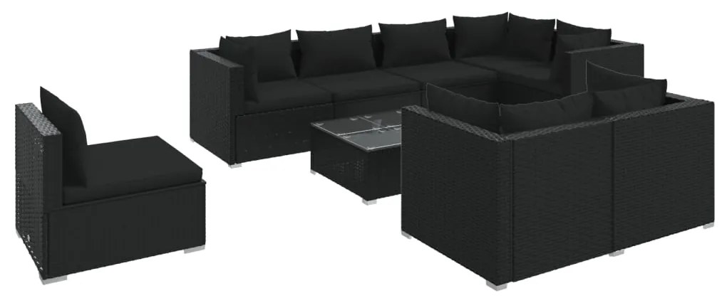 Set Divani da Giardino 9 pz con Cuscini in Polyrattan Nero