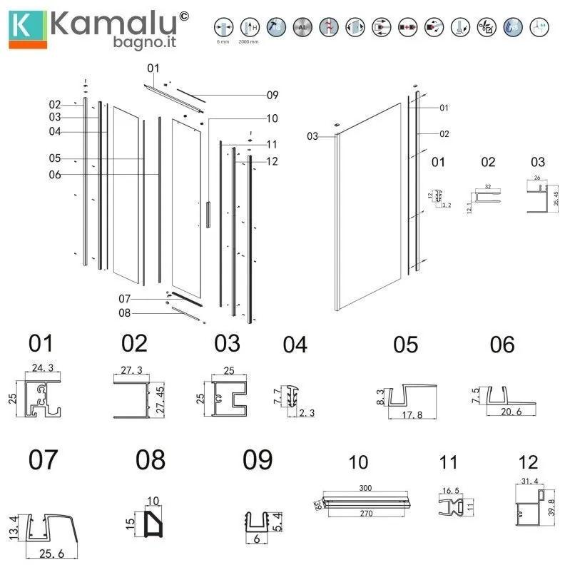 Kamalu - box doccia 80x130 colore nero vetro 6mm altezza 200h | kla-4000n