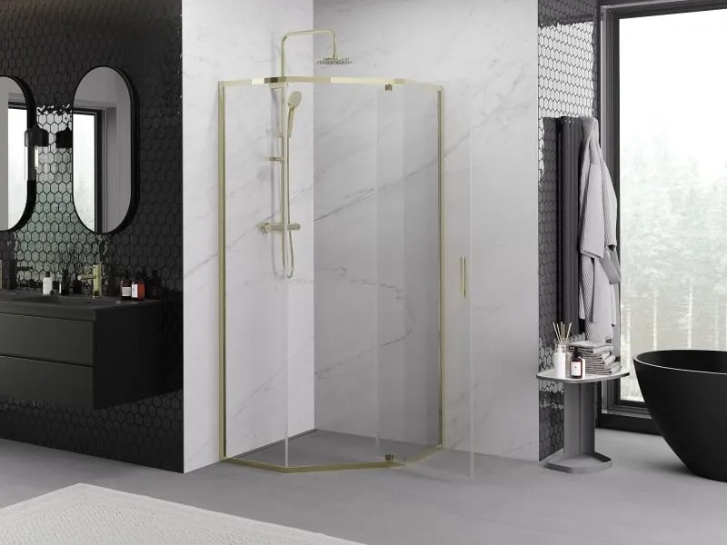 Mexen Exo cabina doccia pentagonale a battente 90 x 90 cm, trasparente, oro - 812-090-090-50-00