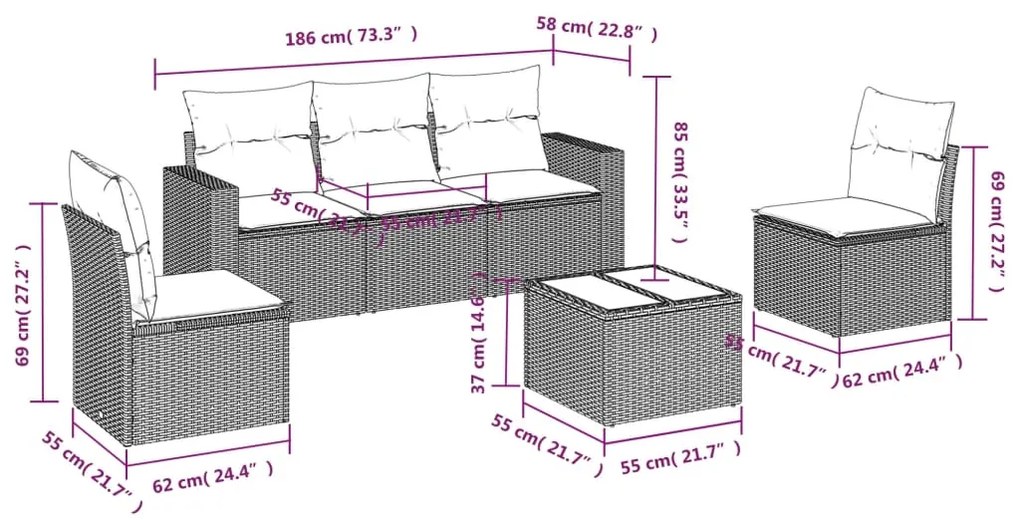 Set divano da giardino 6pz con cuscini grigio chiaro polyrattan