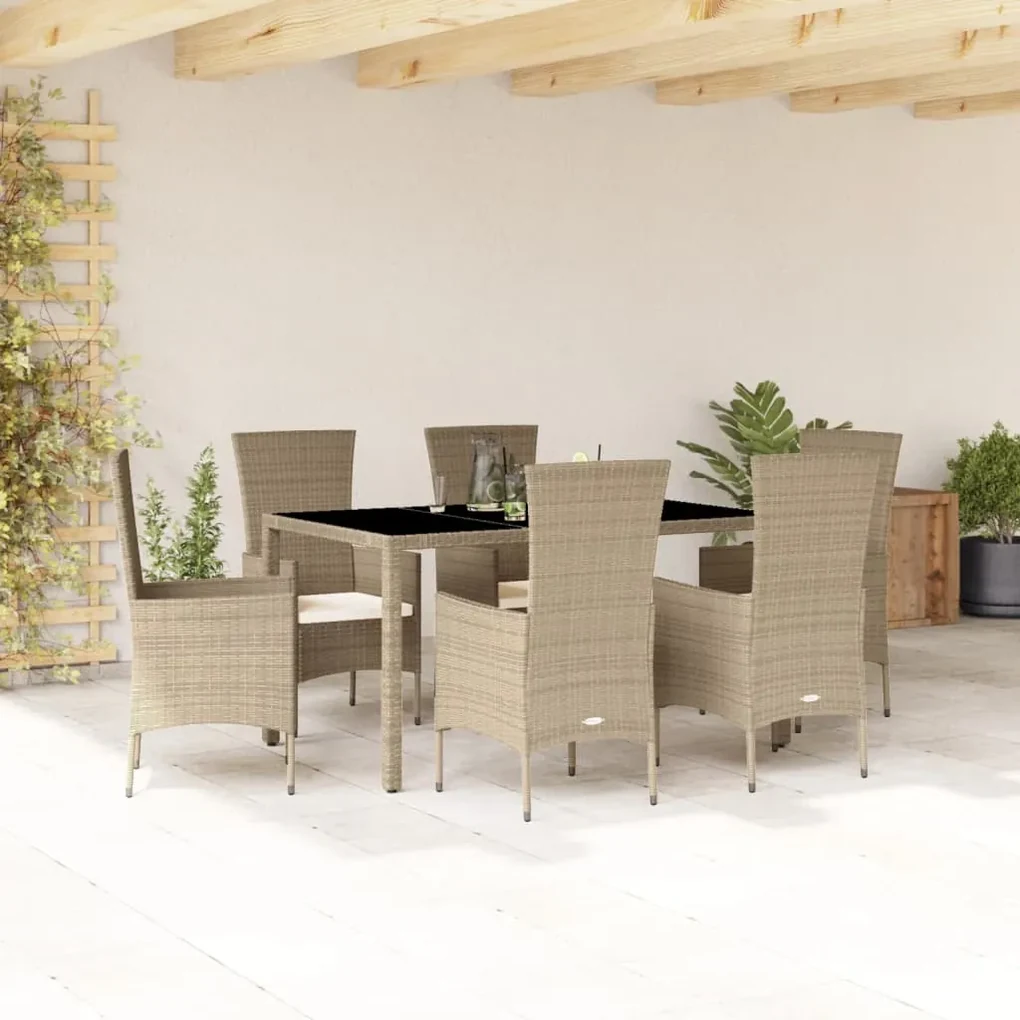 Set da pranzo da giardino 7 pz con cuscini beige in polyrattan