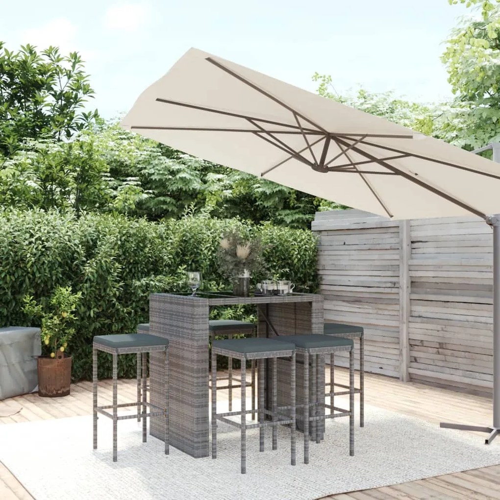 Set bar da giardino 7 pz con cuscini in polyrattan grigio