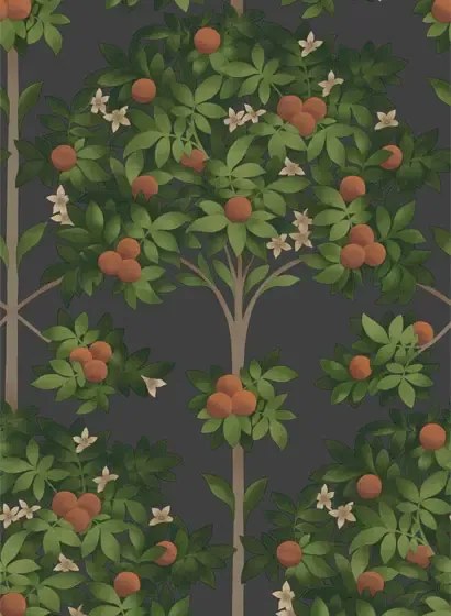 Cole & Son Carta da parati Orange Blossom - Orange/ Spring Green on Black