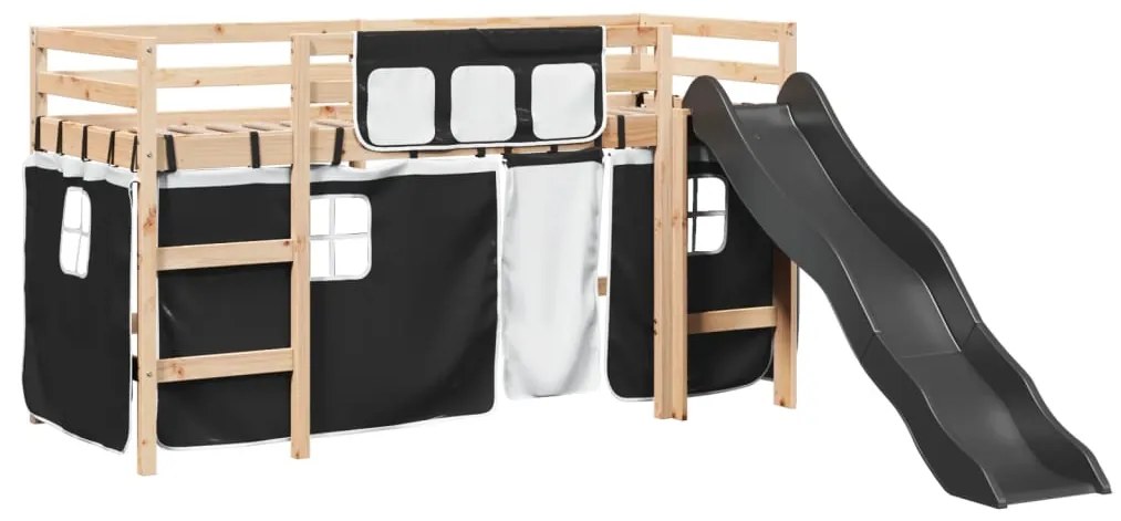 Letto a soppalco bambini con tende bianco e nero 90x190 cm pino