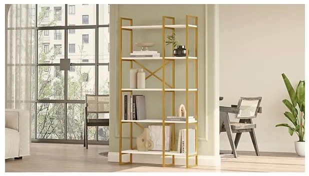 Libreria 88x30x175 Cm 5 Ripiani Oro E Bianco Doppio Modulo Decus