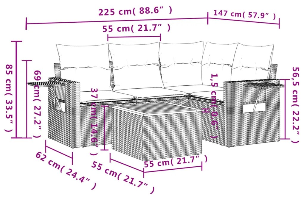 Set Divano da Giardino 5 pz con Cuscini Grigio in Polyrattan