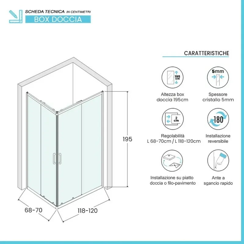 Box doccia angolare 70x120 cm doppio scorrevole vetro stampato Tay