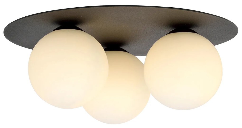 Plafoniera Minimal 3 Luci Mnemosine In Acciaio Nero E Sfere Di Vetro Opale