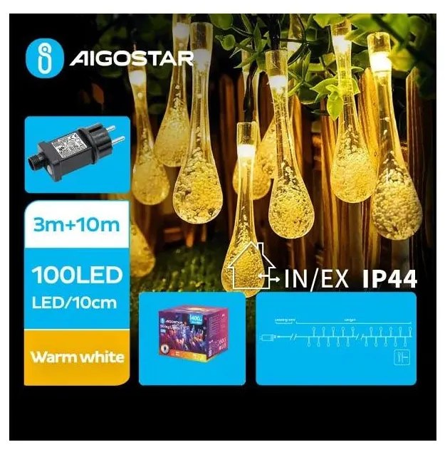 Aigostar - Catena luminosa decorativa da esterno 100 LED, 8 funzioni, 13 m, IP44, bianco caldo