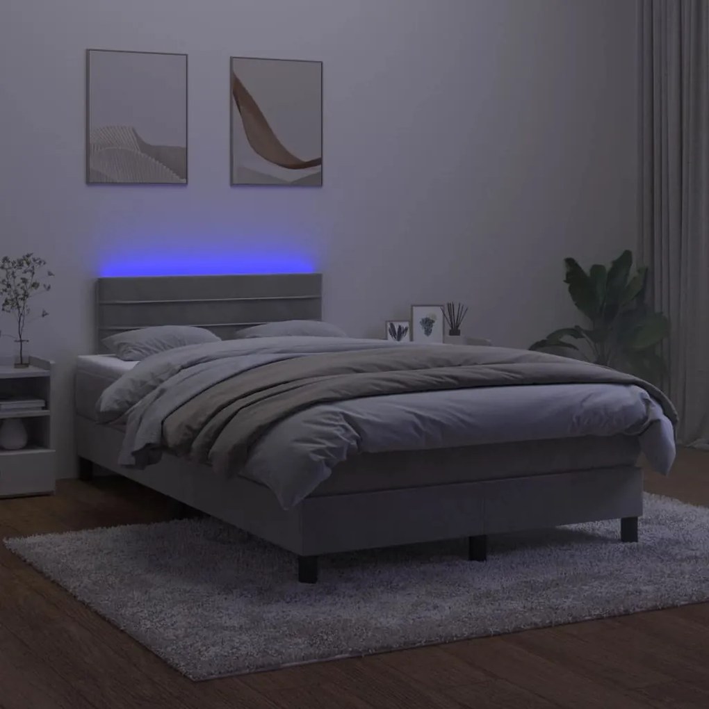 Letto a molle materasso e led grigio chiaro 120x190 cm velluto