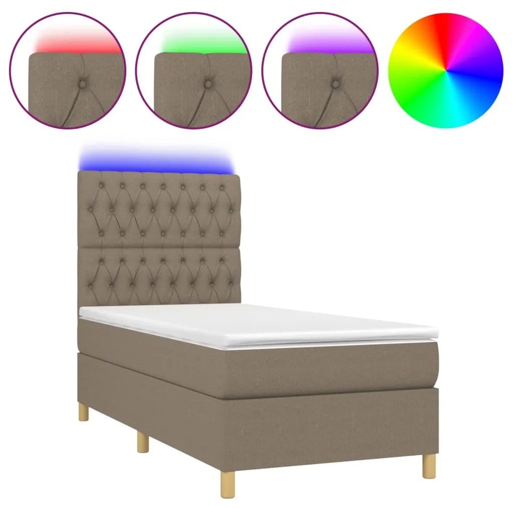 Letto a molle con materasso e led tortora 90x190 cm in tessuto