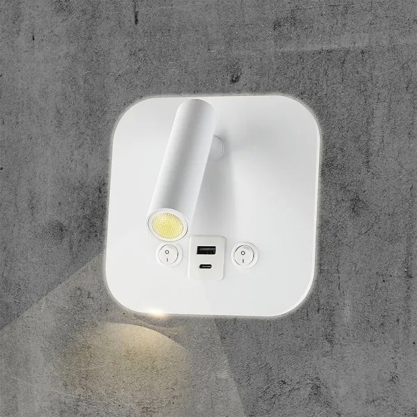 Spot da parete LED con porta USB, 8W, 230V, 3000K, bianco