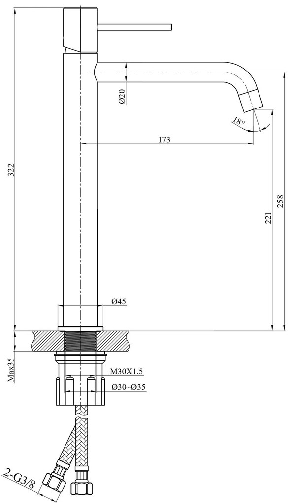 Rubinetto lavabo alto monocomando in ottone con flessibili cromo Hidden