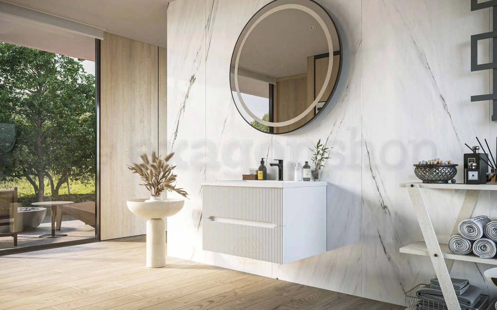 Mobile bagno bianco opaco 60x46 cannettato Urbino due cassetti con lavabo in ceramica frontale