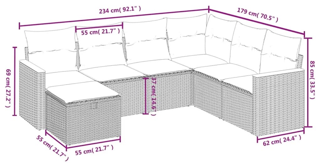 Set divano da giardino 7 pz con cuscini beige misto polyrattan