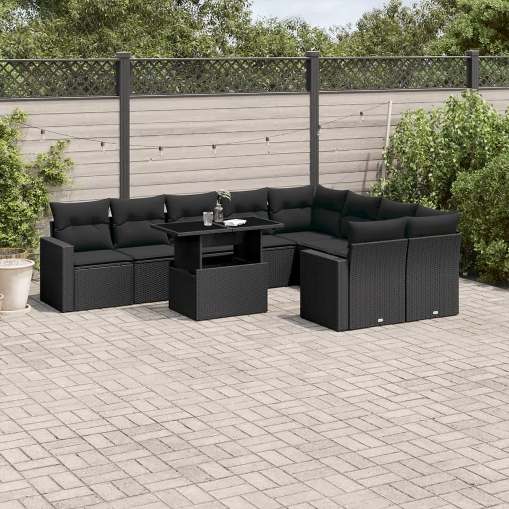 Set divani da giardino 10pz con cuscini in polyrattan nero