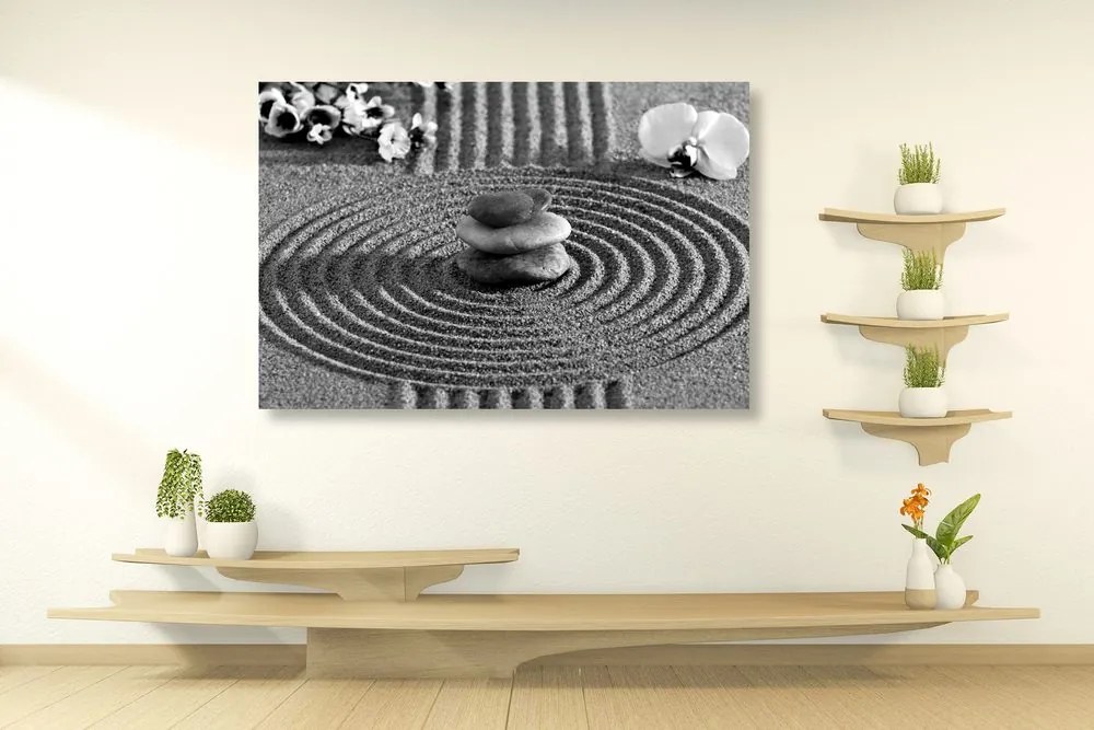 Stampa su tela – Giardino giapponese con elementi Feng Shui in bianco e nero