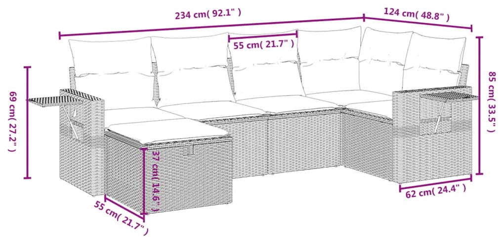 Set Divano da Giardino 6 pz con Cuscini Nero in Polyrattan