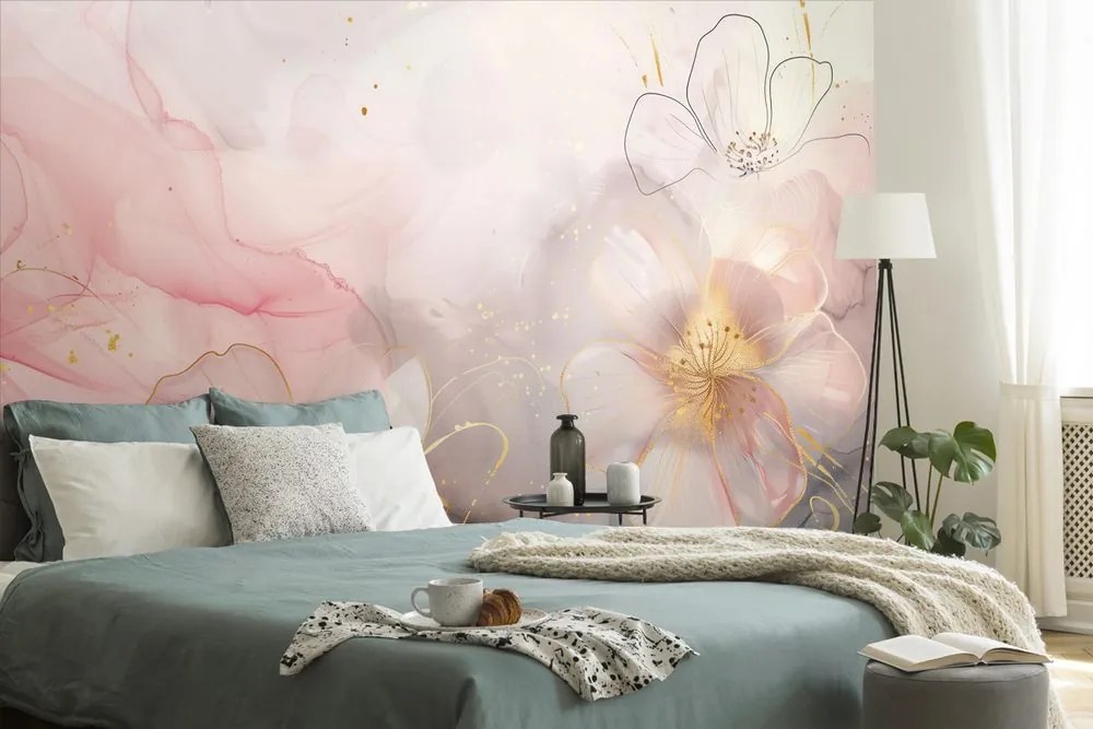 Carta da parati – Fiori eleganti con tocco rosa-oro