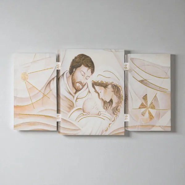 Quadro TRIS moderno su tela 65x146 cm telaio in legno tema Sacra Famiglia