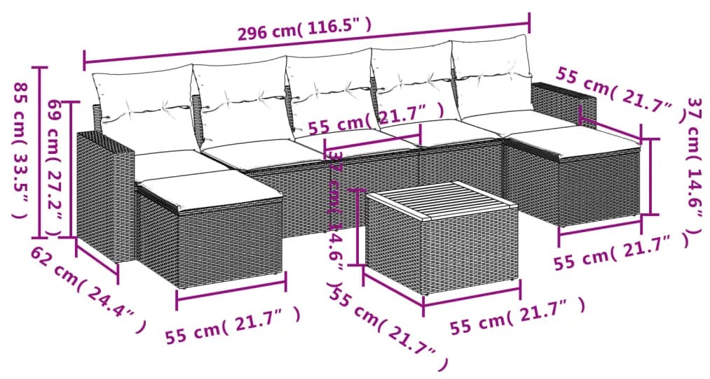 Set divano da giardino 8 pz con cuscini grigio in polyrattan