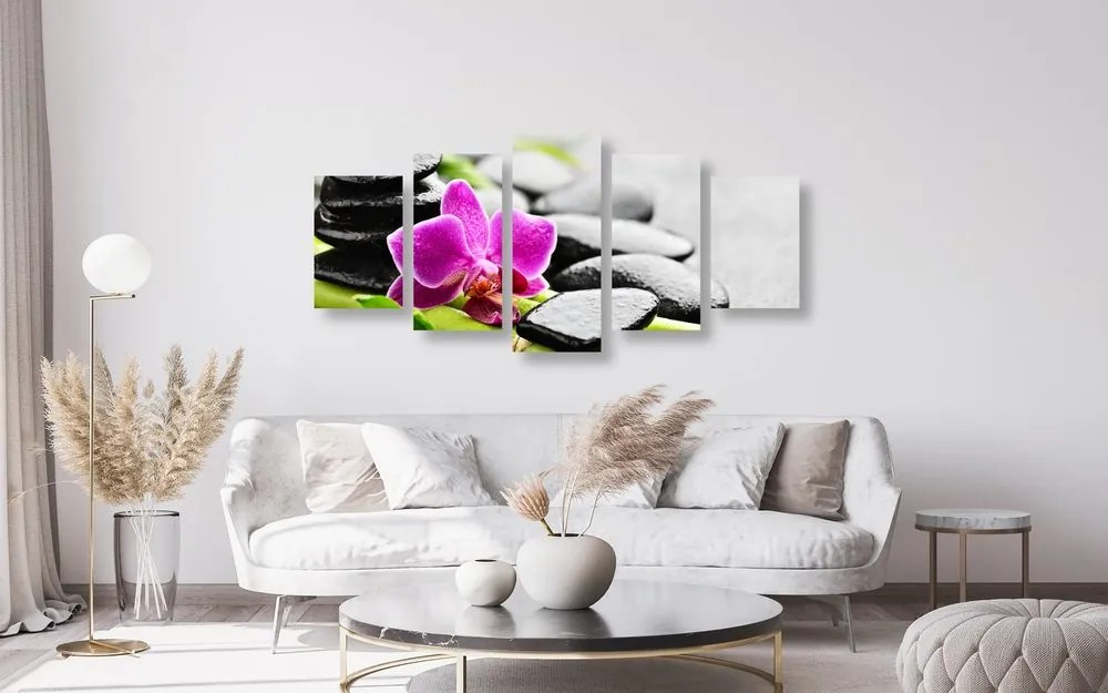 Quadri 5 pezzi – Natura morta wellness con orchidea viola