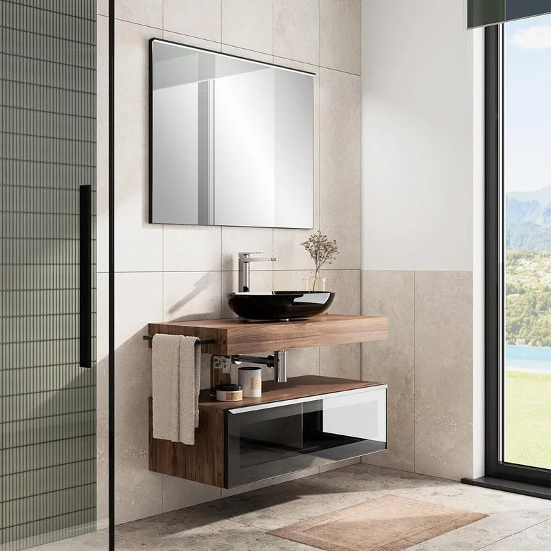 Mobile da bagno sotto lavabo Star noce - nero/vetro dark grey L 100.3 x H 30 x P 46 cm 1 cassetto, lavabo non incluso