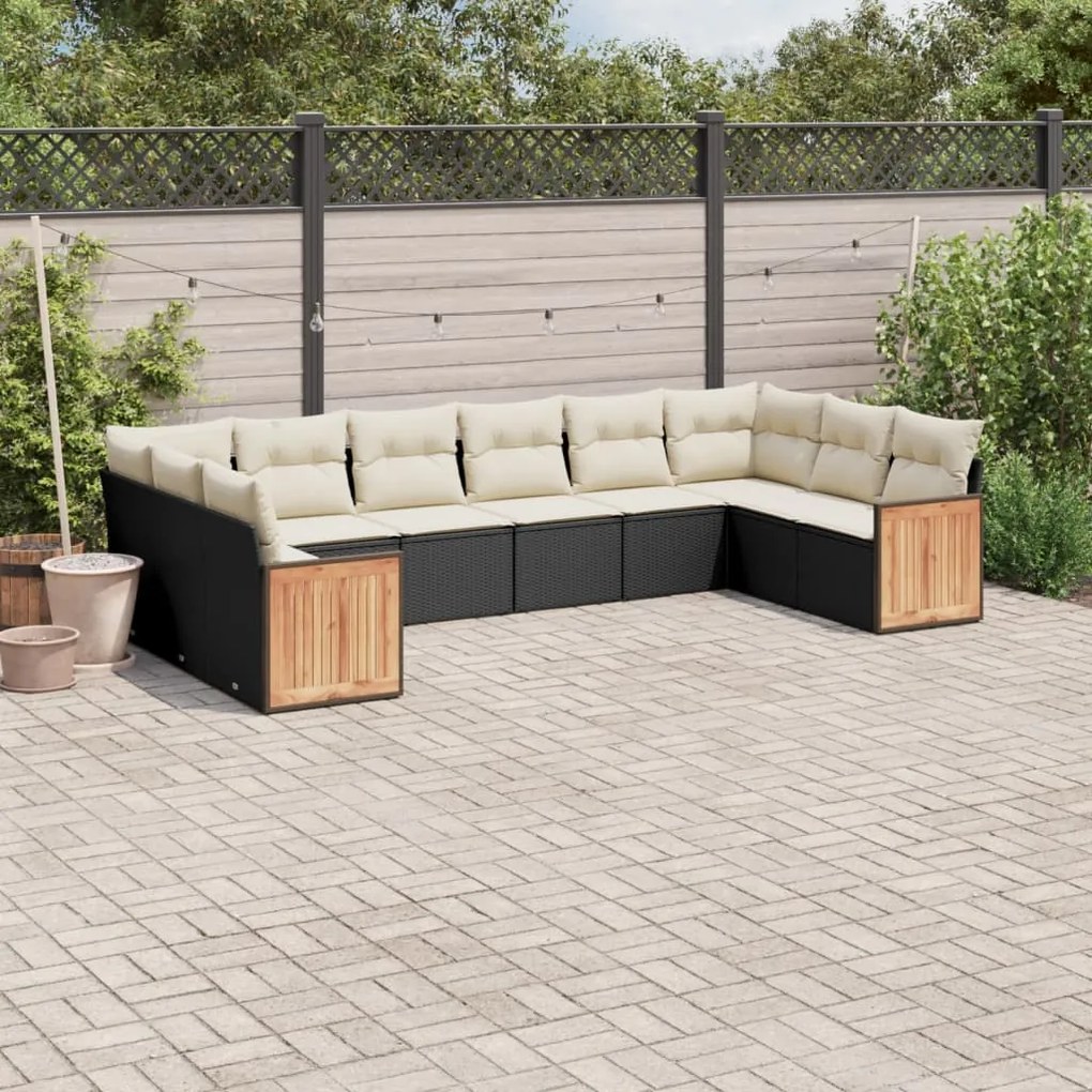 Set divani da giardino 10pz con cuscini in polyrattan nero