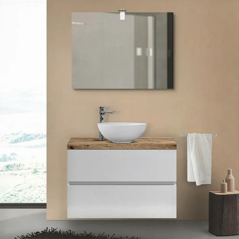 Mobile bagno sospeso 100 Town bianco top rovere naturale per lavabo d'appoggio