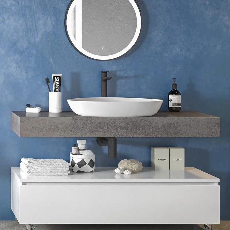 Kamalu - composizione bagno 120 cm con mobile a terra e mensolone grigio pietra | kam-kk1203g