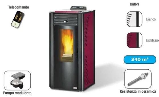 Termostufa a pellet con ventilazione frontale 14.8 kW King 14 Idro bordeaux