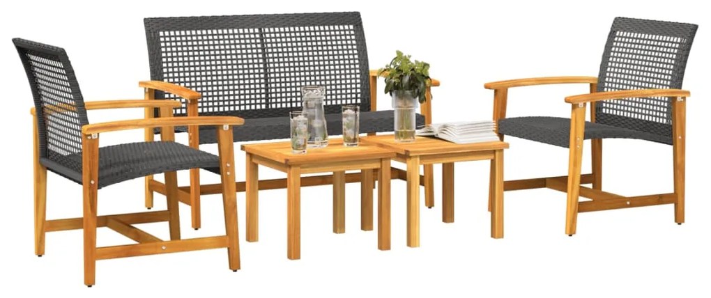 Set salotto da giardino 5 pz nero in polyrattan e legno acacia