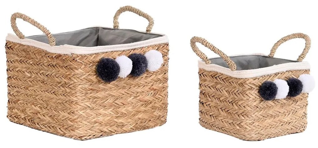 Set di Cestini DKD Home Decor Naturale Cotone Pompon Fibra naturale (33 x 33 x 25 cm)