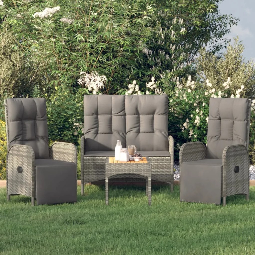Set Da Pranzo Da Giardino 4 Pz Con Cuscini İn Polyrattan Grigio /