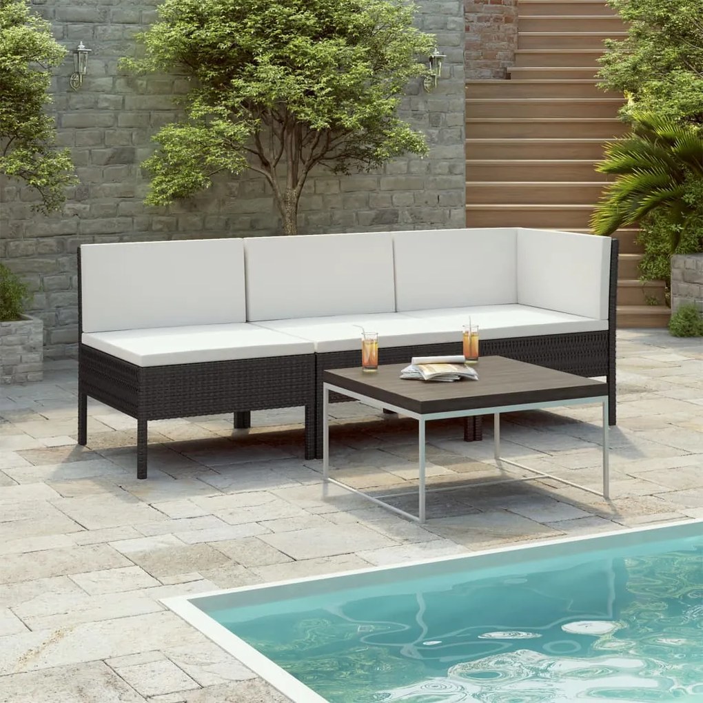 Set divani da giardino 3 pz con cuscini in polyrattan nero