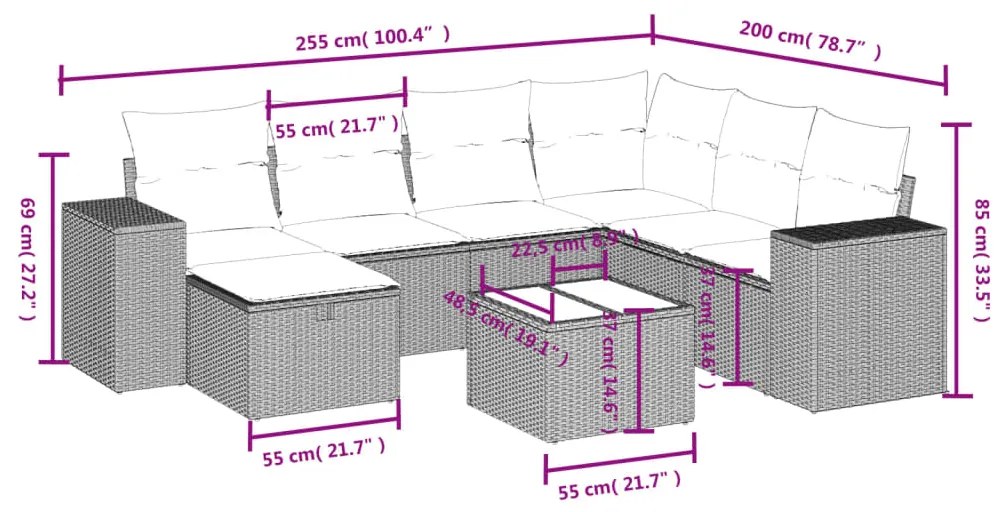 Set divano da giardino 8 pz con cuscini beige in polyrattan