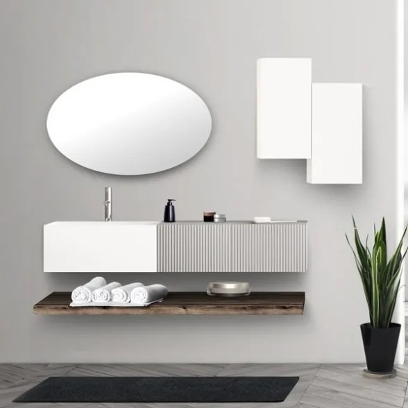 Lavabo 60 cm con due cassetti laterali 40 cm grigi specchio e mensole inferiori Rovere Scuro - Itaca